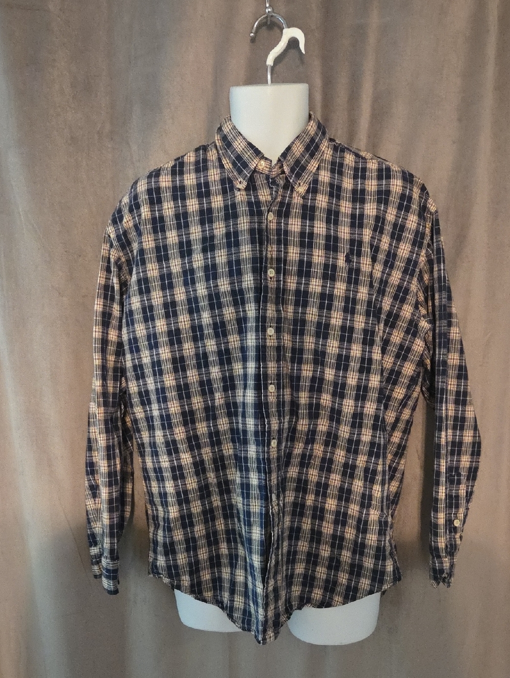 Ralph Lauren Mens Large Navy and Cream Plaid Button-Down Shirt